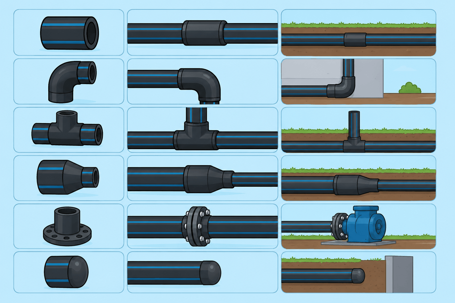 دليل أنواع وصلات HDPE واستخدامات كل وصلة